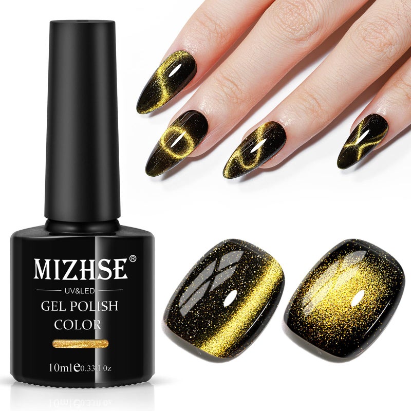 MIZHSE Gold Cat Eye Gel Nail Polish, 9D Magnetic Gel Polish with Magnet Stick, 10ml Universal Galaxy Bright Glitter Shimmer Cateye Effect Soak Off Nail Art Manicure DIY at Home - Image 1